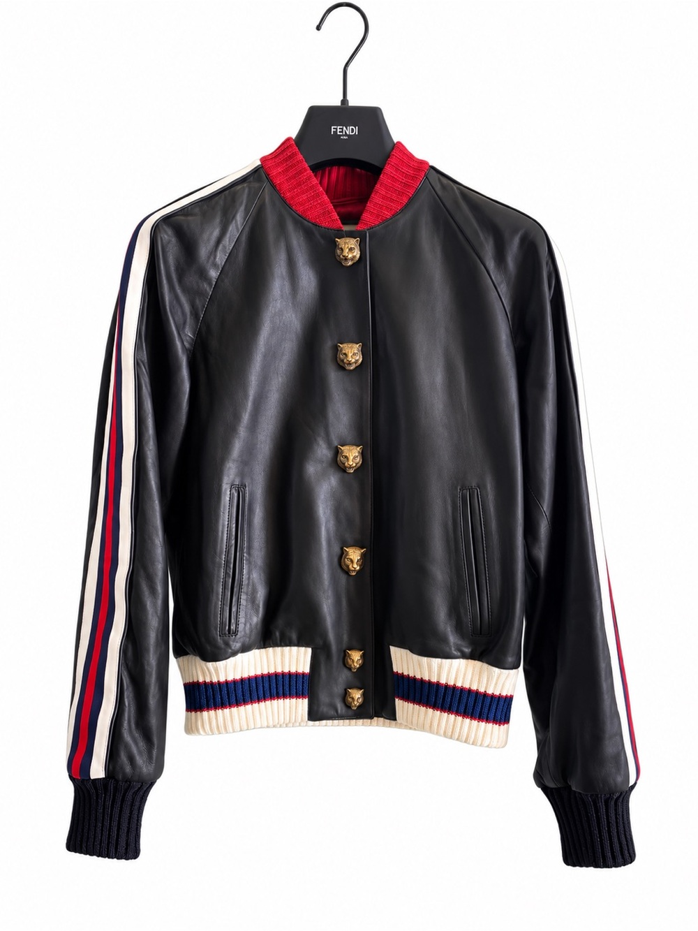 🚩steal Gucci Black Leather Bomber Jacket with Red Collar and Striped Trim